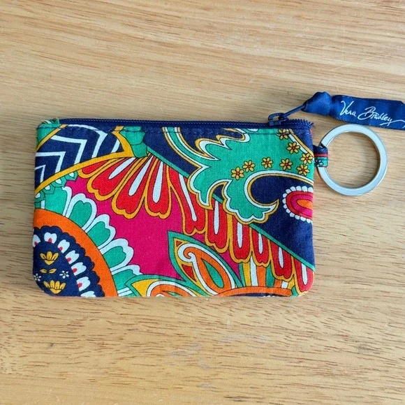 Vera Bradley Zip ID Case Venetian Paisley Keychain Wallet Card Holder Colorful‎