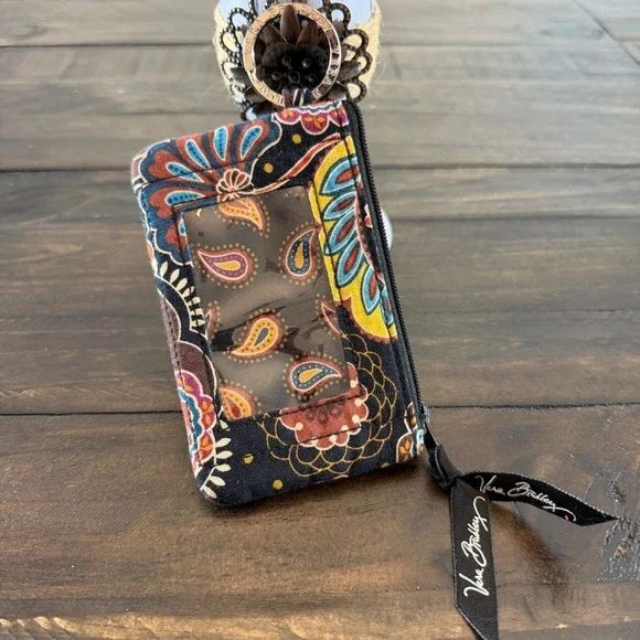 Vera Bradley Zip ID Case Womens Brown‎ Paisley Key Chain Wallet Coin Purse