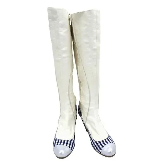AUTHENTIC Gigi Favela White Leather Boots Heels Blue Gingham Leather 5.5