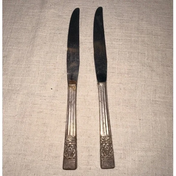 Vintage Ornate Silverplate Dinner Knives Stainless Blades Set of 2 Floral 9.25
