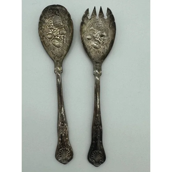 Antique FB Rogers Silver Plated Salad Serving Set Italy Fruit Pattern‎ EPNS 9in