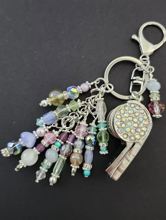 Whistle Rhinestone Purse Charm or Keychain Aquamarine Opal Handcrafted