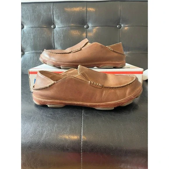 OluKai Moloa Brown Leather Slip On Loafers