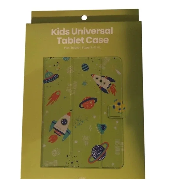 Kids Universal Tablet Folio Case 7-11 in Green Space Rockets Stand