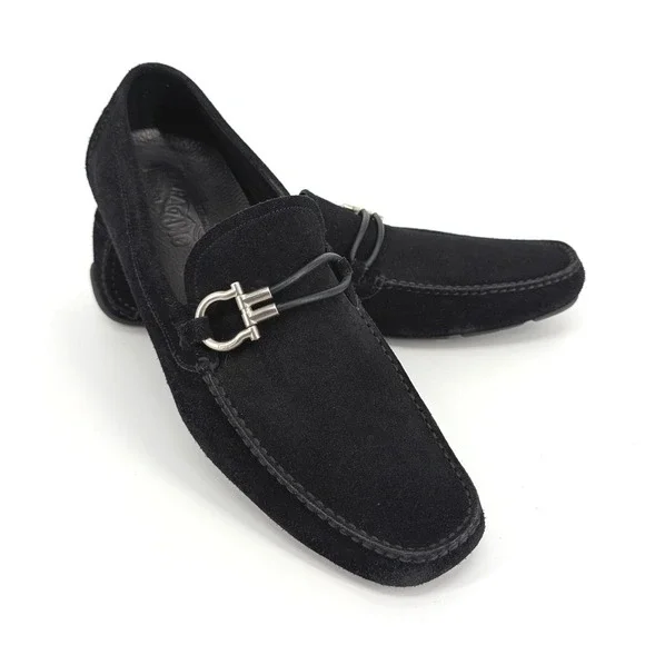 Salvatore Ferragamo Black Suede Front Four Bit Gancini Driving Loafers Size 13