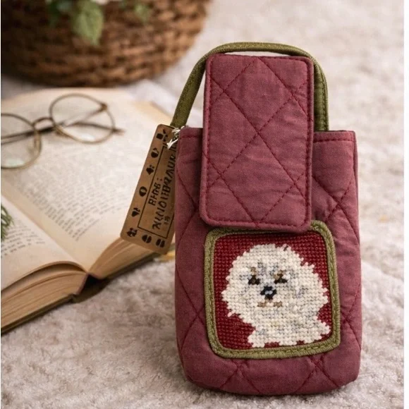 Vintage Needlepoint Dog Pet Treat Pouch Clip On Wool Yarn Quilted NWT