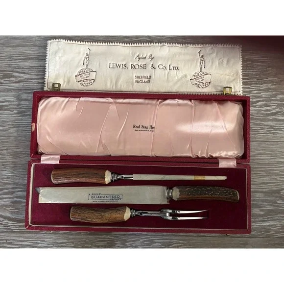 Lewis & Rose Co. Carved Stag Horn Cutlery Carving Set Sheffield England