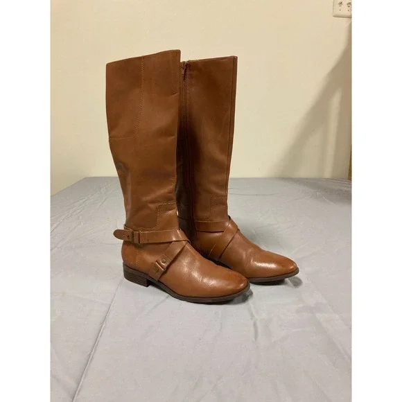 Nine West Blogger Leather Knee-High Riding Boots Women's Brown Side-Zip - 8M‎