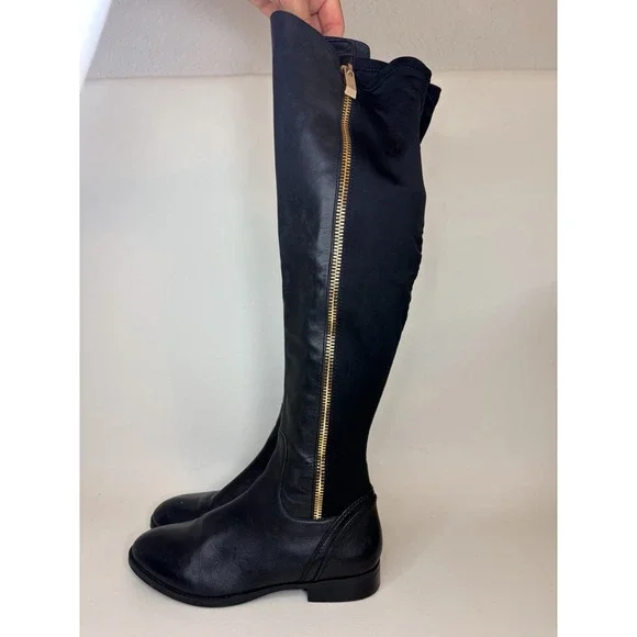 Aldo Aahliyah Black Leather Over The Knee Faux Zip Boots Size 8 (Elastic Back)