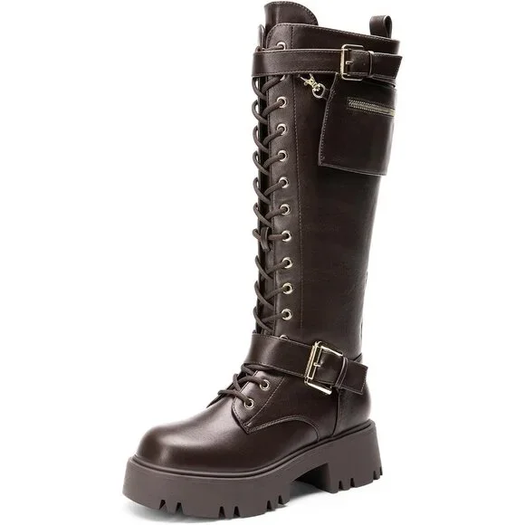 ✨Women's Brown Combat Knee High Lace Up Fall Lug Sole with Inside Zipper Boots