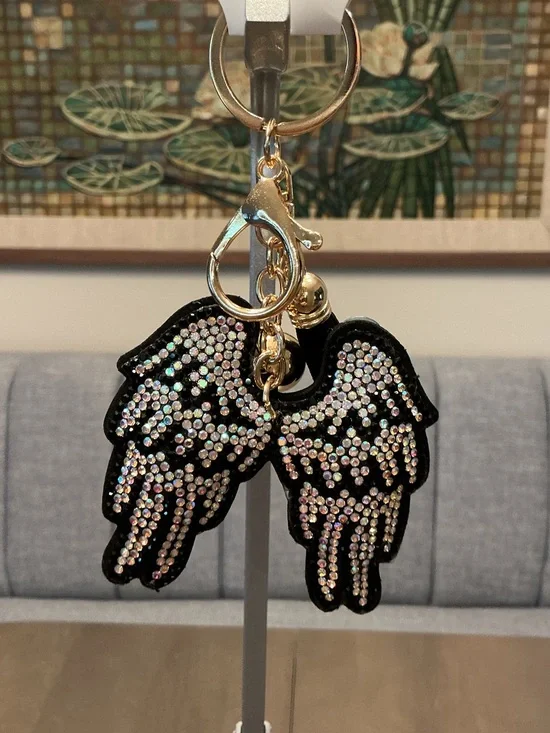 Sparkling Puffy Black Angel Wing Keychain with Gold Hardware NWT