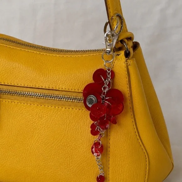 Handmade Red Button Bead Cluster Bag Charm Keychain Boho Eclectic Accessory