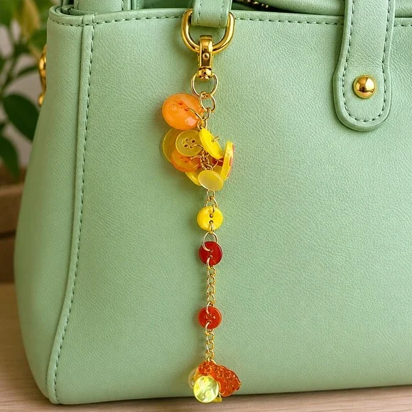 Handmade Button Bag Charm Yellow Orange Gold Tone Keychain Purse Accessory 6.5