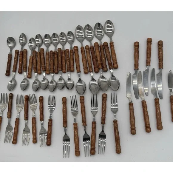 VTG Lifetime Cutlery Old Homestead Stainless Wood Handle Flatware‎ Set 43 Pcs