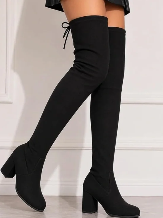 Forever Link Black Over-The-Knee Chunky Heel Thigh High Boots NEW
