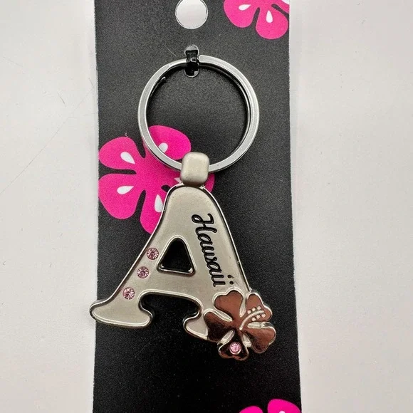 VTG 90s Island Girl Silver Tone Hawaii Initial A Keychain Pink Glass Hibiscus