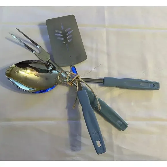 Vintage Korean Made Kitchen Utensil Set Spatula Spoon Fork‎ Blue Plastic Handle
