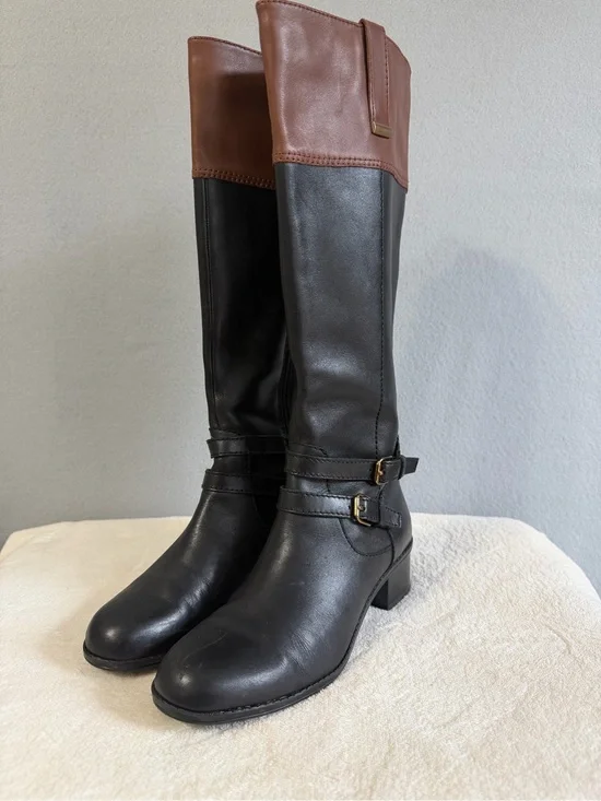 Bandolino Carlota Boots Two-Tone Black/Brown Size 6M Women’s Leather Block Heel