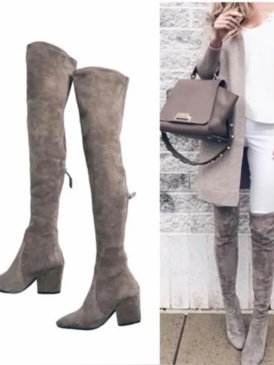 Women's Over-the-Knee Suede Block Heel Boots - Taupe size 8 zip up