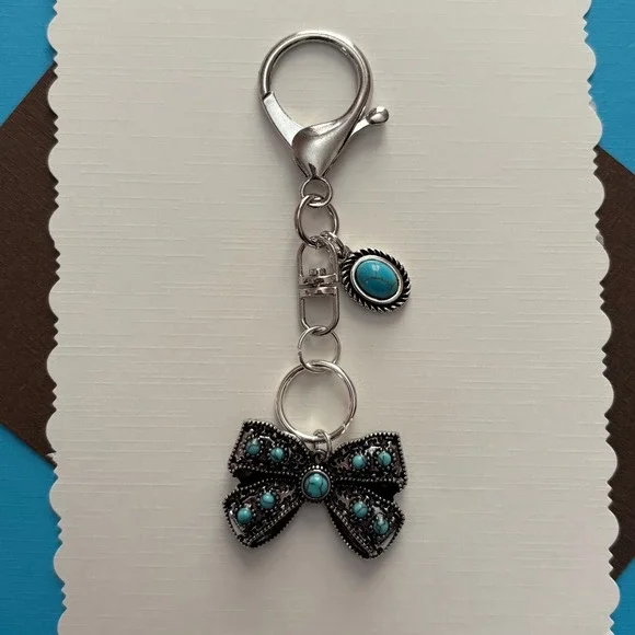 Silver Turquoise Bow Keychain Purse‎ Charm Western Cowgirl Boho Bag Accessory