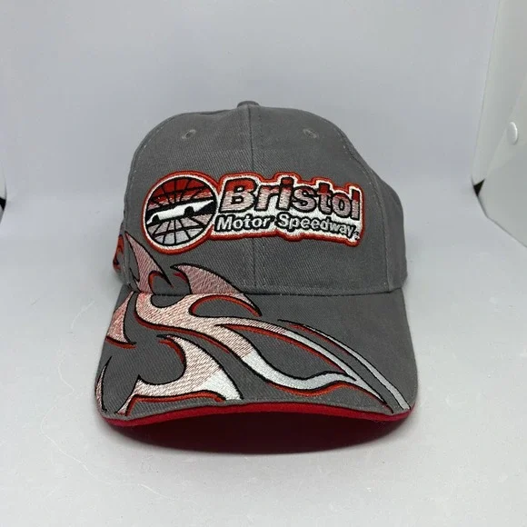 BRISTOL MOTOR SPEEDWAY FIRE‎ TEAM RACING FLAMES BALL CAP TRUCKER HAT GRAY RED
