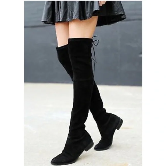 Stuart Weitzman Lowland Over The Knee Boots Black Suede Tie Back Sz 7