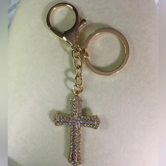 Gold Cross Keychain with Rhinestones NEW