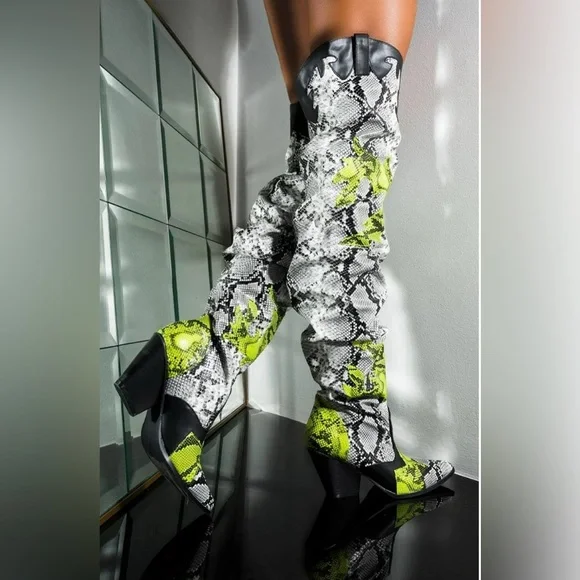 Cape Robbin Snake Print Over the Knee Boots - Black and Green