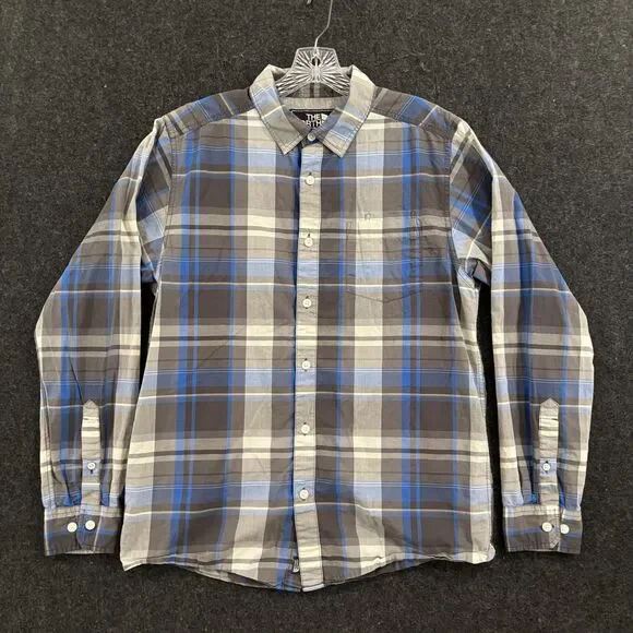 The North Face Shirt Men's Medium Blue Gray Plaid Cotton Casual Button Down