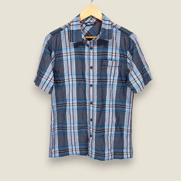 The North Face Short Sleeve Button Men Small Blue Gray Red Plaid Performance