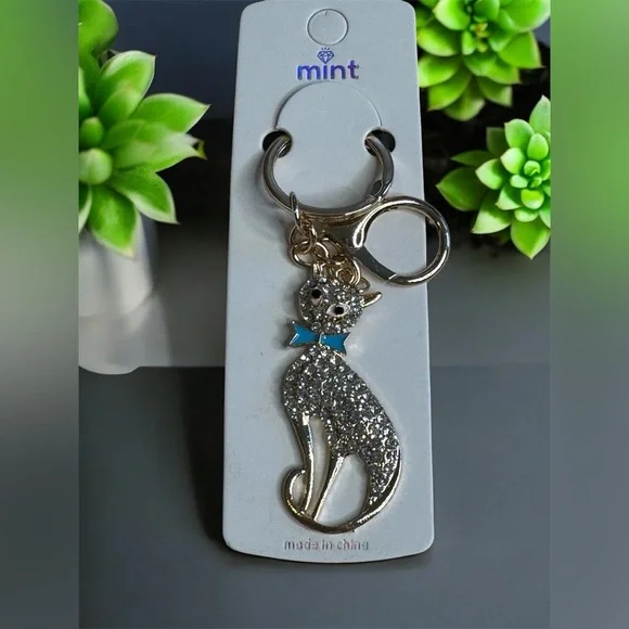 Mint Rhinestone Cat Keychain with Blue Bow