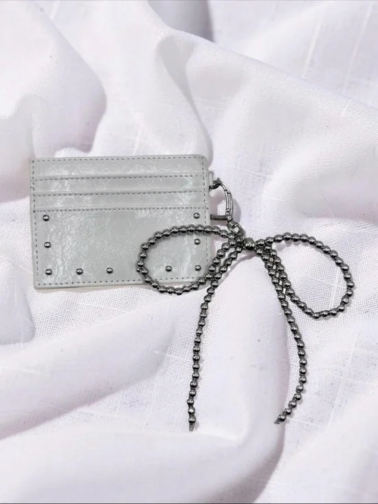 White Faux Leather Card Holder Wallet w/ Bow Charm Keychain