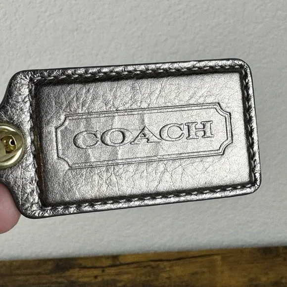 Coach Metallic Bronze Leather Hangtag‎ Keychain Gold Ball Chain Bag Charm