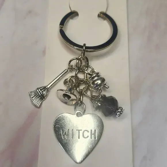 Witch Heart Bag Charm Keychain Broom Cauldron Hat Faux Crystal Silver Tone Metal