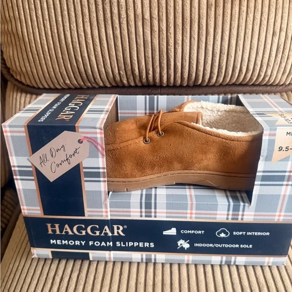 Haggar Men's Tan Suede Memory Foam Slip-On Slippers