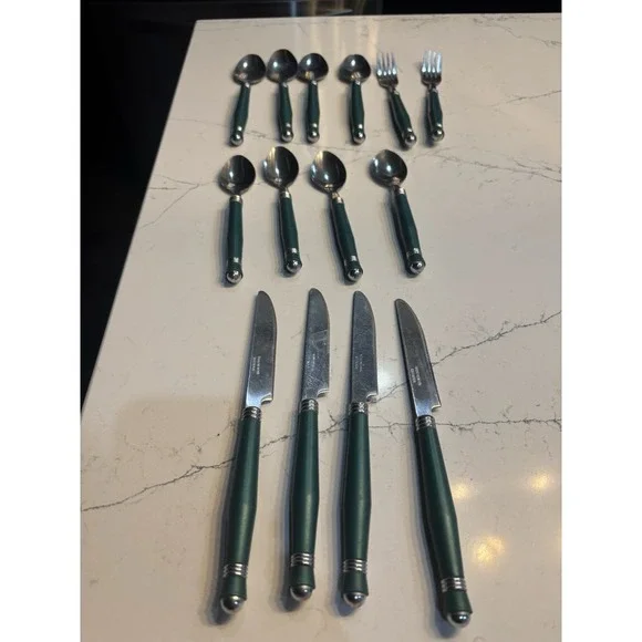 Stainless Steel Flatware GREEN Handles 14 Pieces