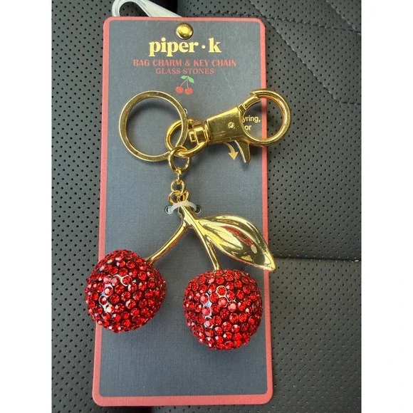 Piper K‎ Red Crystal Cherry Bag Charm Keychain Gold Tone Glass Stone Fruit NWT