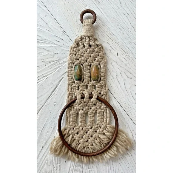 Vintage Retro MCM Beige Macrame Wall Hanging Hand Towel Ring Holder Wooden Beads
