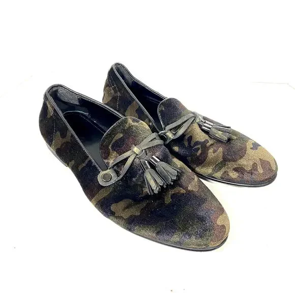 ALDO Men's Velvet Camo Tassel Loafers Dark Green Brown Sz 8