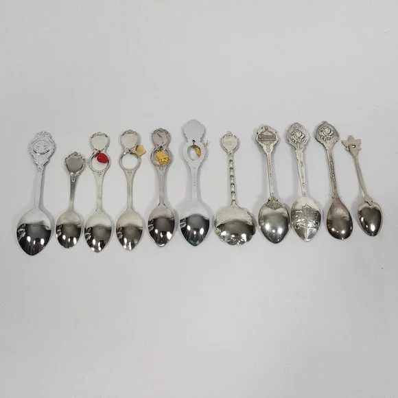 12 Souvenir Spoons Multiple City States NY NV FL Canada Custer House Dakota Terr