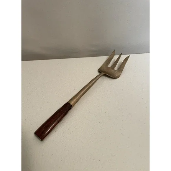 Vintage Large Asian Brass and‎ Wood Serving Fork 8 1/4
