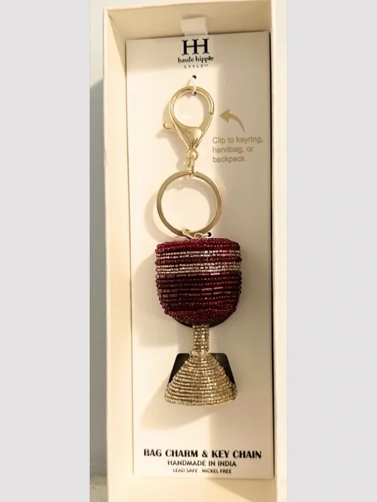 NIB Haute Hippie Burgundy & Gold Beaded Wine Glass Charm