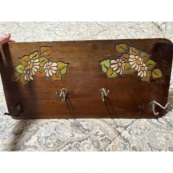 Vintage‎ Wood 4  Brass Hook Floral Hand Engraved Signed Wall Coat Rack Farmhouse