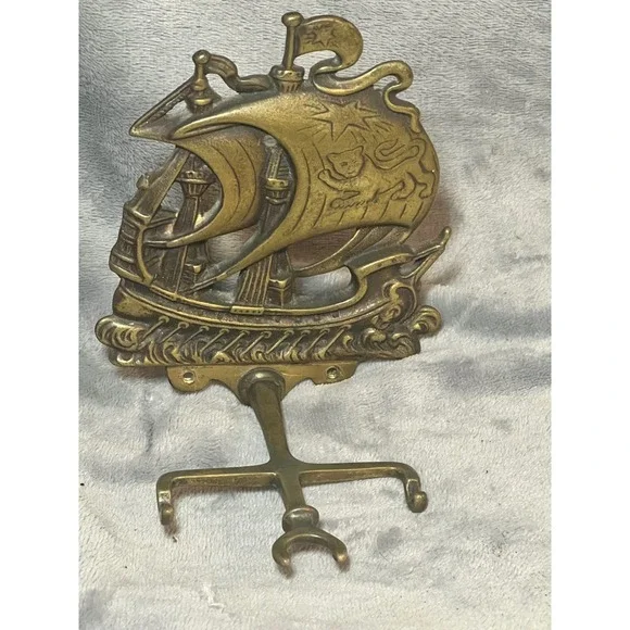 Vintage Brass Galleon Ship Wall Hook 117664 Nautical Coat Rack Whimy