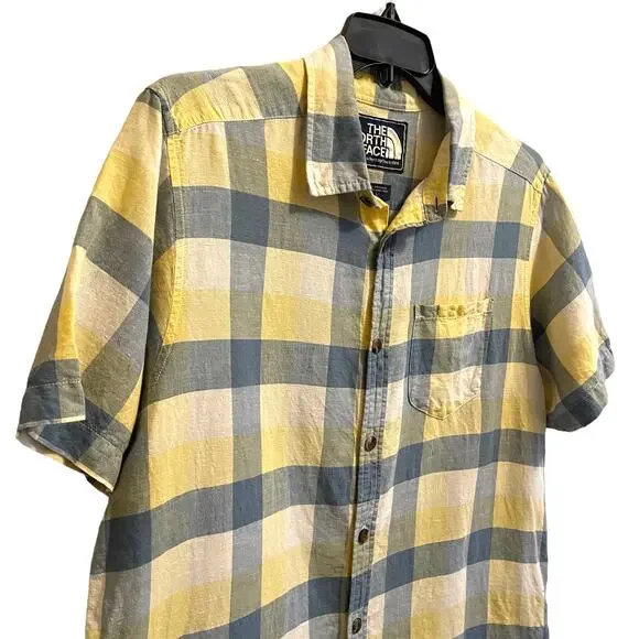 The North Face Men's Plaid Short Sleeve Button Up-Shirt Linen Blend Size Large
