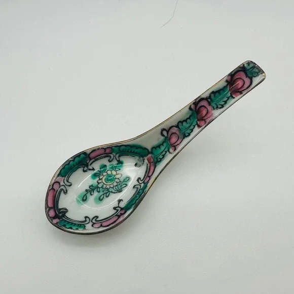 Vintage Famille Rose Medallion Porcelain Small Soup Spoon Hand Painted 4