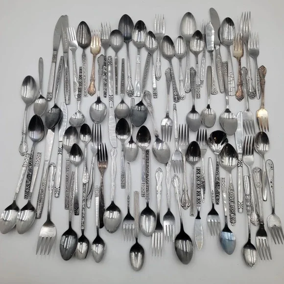 76pc Mixed Stainless Flatware Lot Floral Mismatched Bulk Silverware Crafts