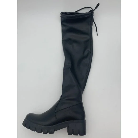 Womens Black Over The Knee‎ Lug Sole Platform Boots Chunky Heel Size 7 Tie Top
