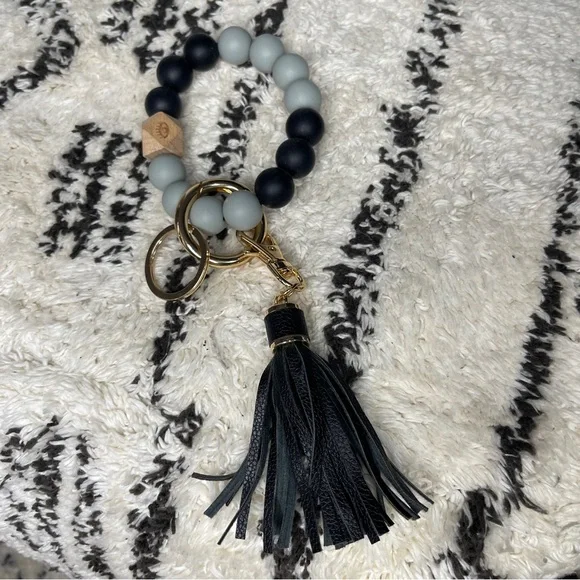 Beaded Keychain Wristlet Bracelet w/ Black Tassel + Gold Hardware Boutique