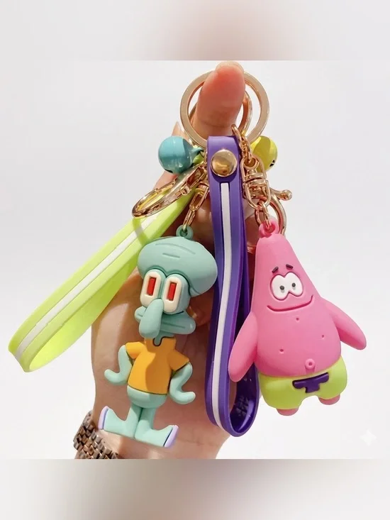Cartoon Character Keychain Set with Squidward & Patrick - Pink, Teal, Yellow